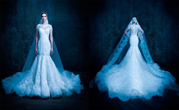 Váy cưới màu xanh ren lưới cứng